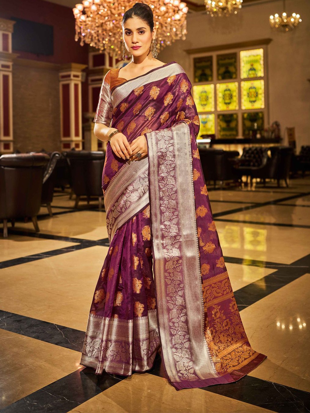 

Krimmple Woven Design Zari Saree, Purple