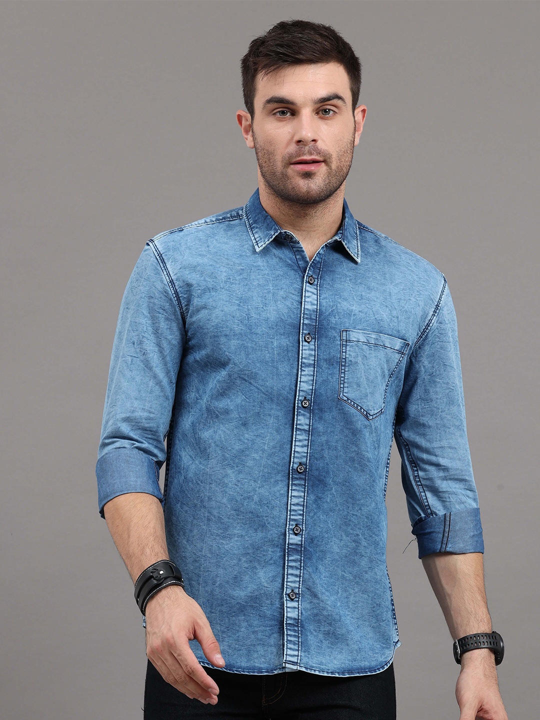 

REGROWTH Men Standard Spread Collar Solid Polycotton Casual Shirt, Blue