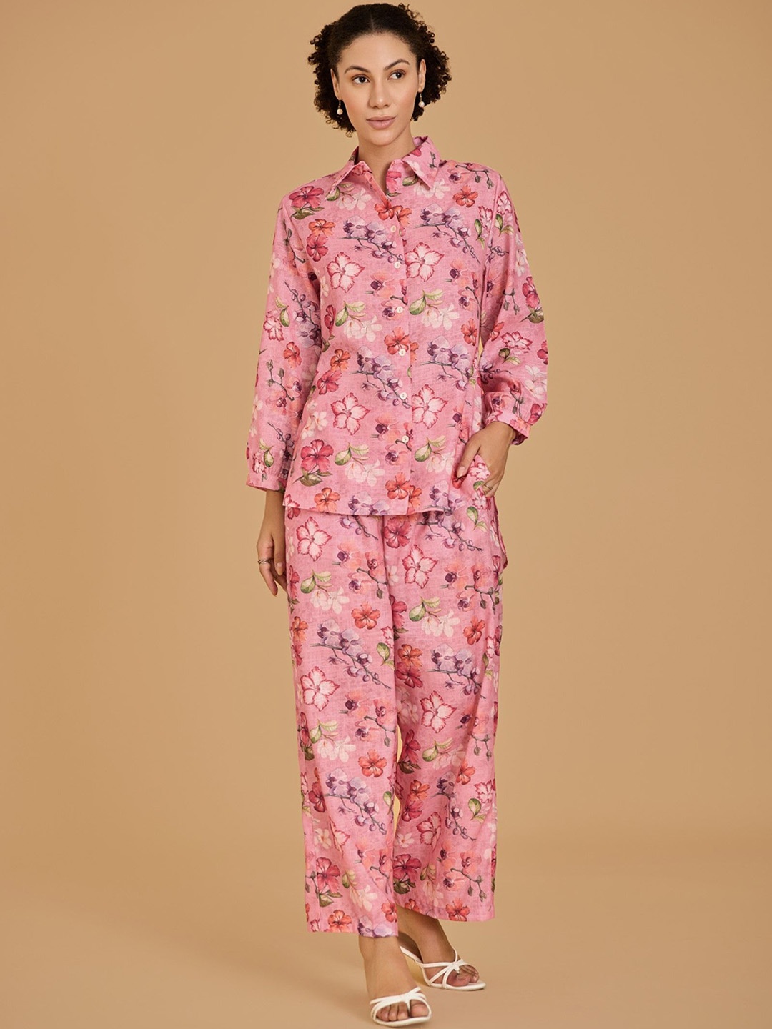

Urban Sundari Floral Printed Pure Cotton Shirt With Trousers, Pink