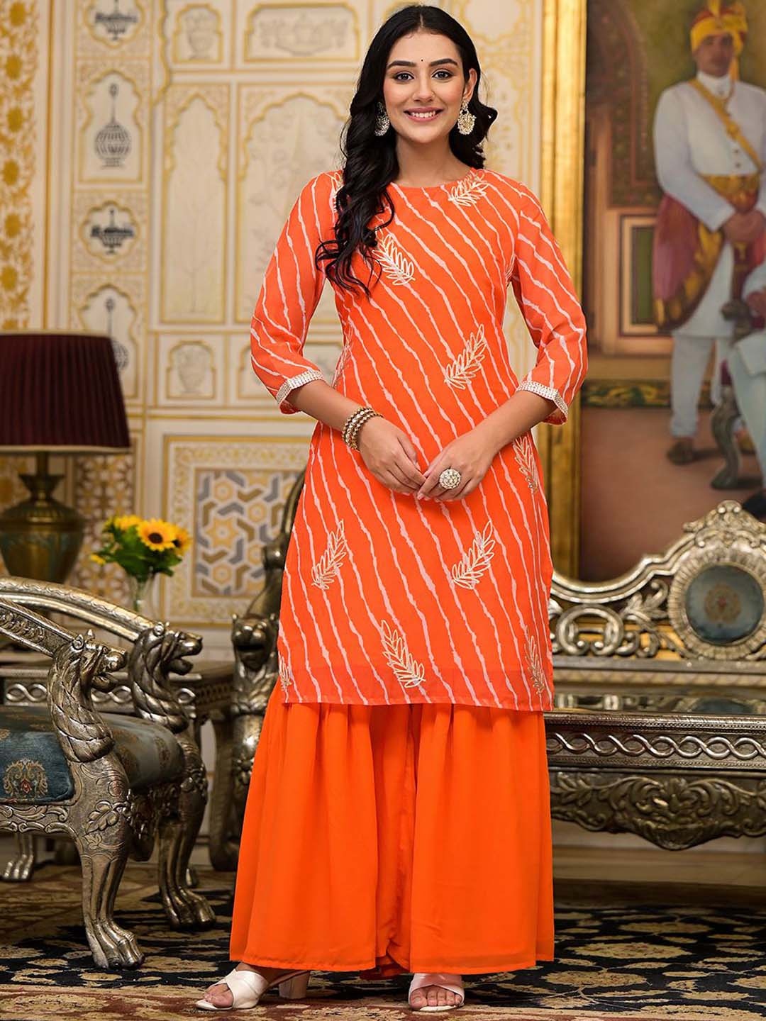 

AKS Couture Leheriya Printed Regular Thread Work Straight Kurta with Sharara & Dupatta, Orange