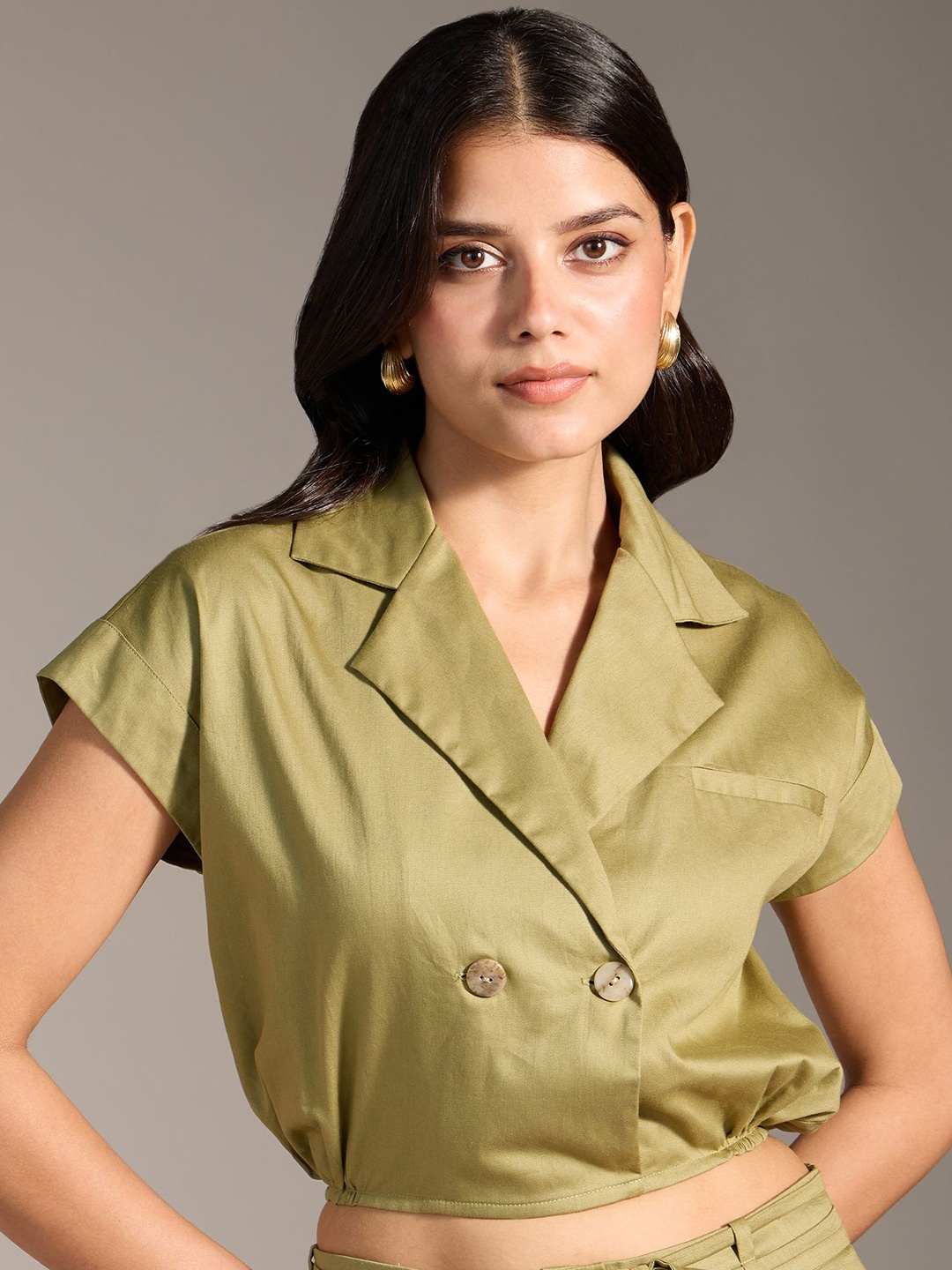 

20Dresses Women Solid Lapel Collar Cotton Top, Green
