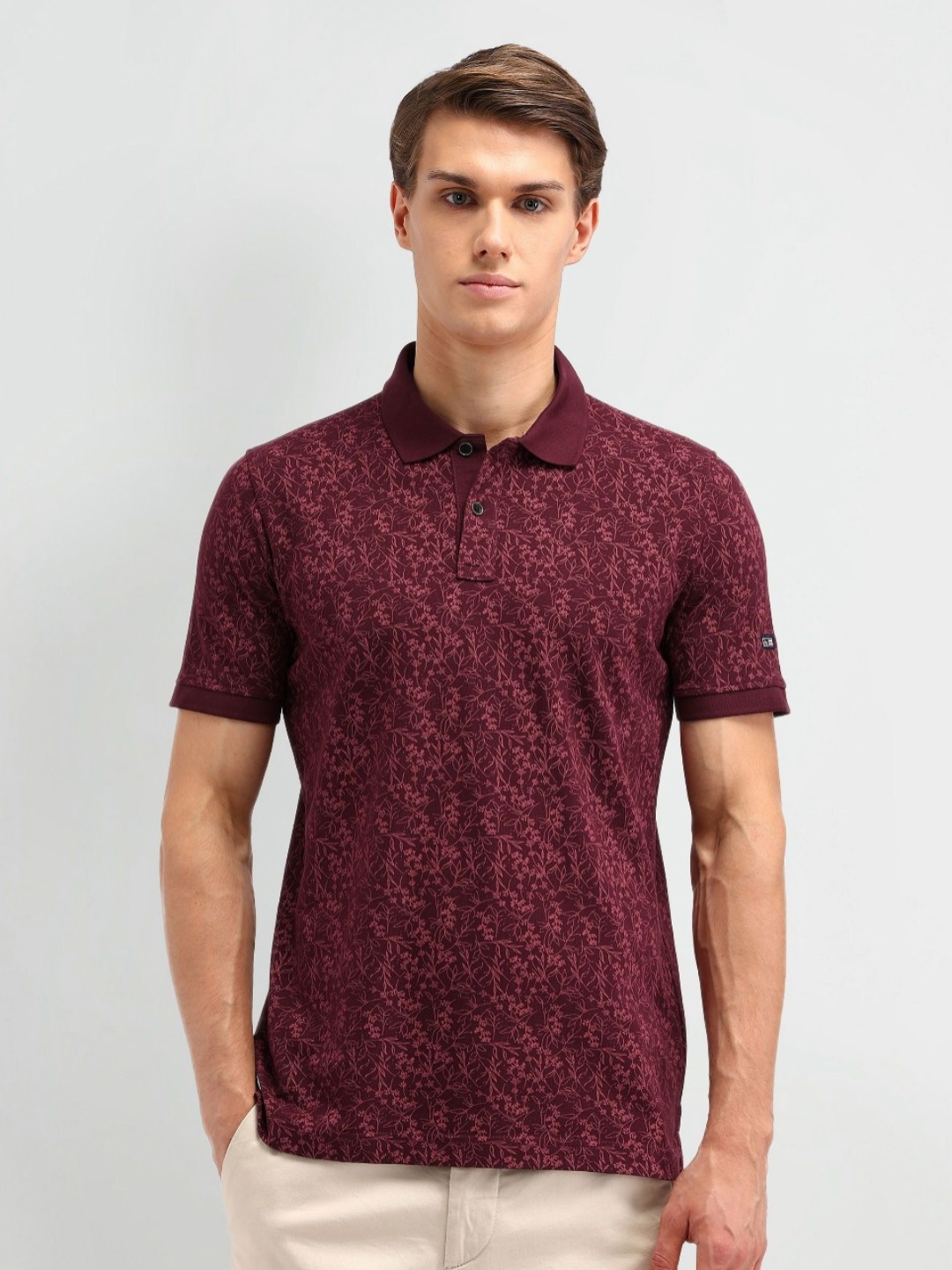 

Arrow Sport Men Floral Printed Polo Collar Cotton T-shirt, Maroon