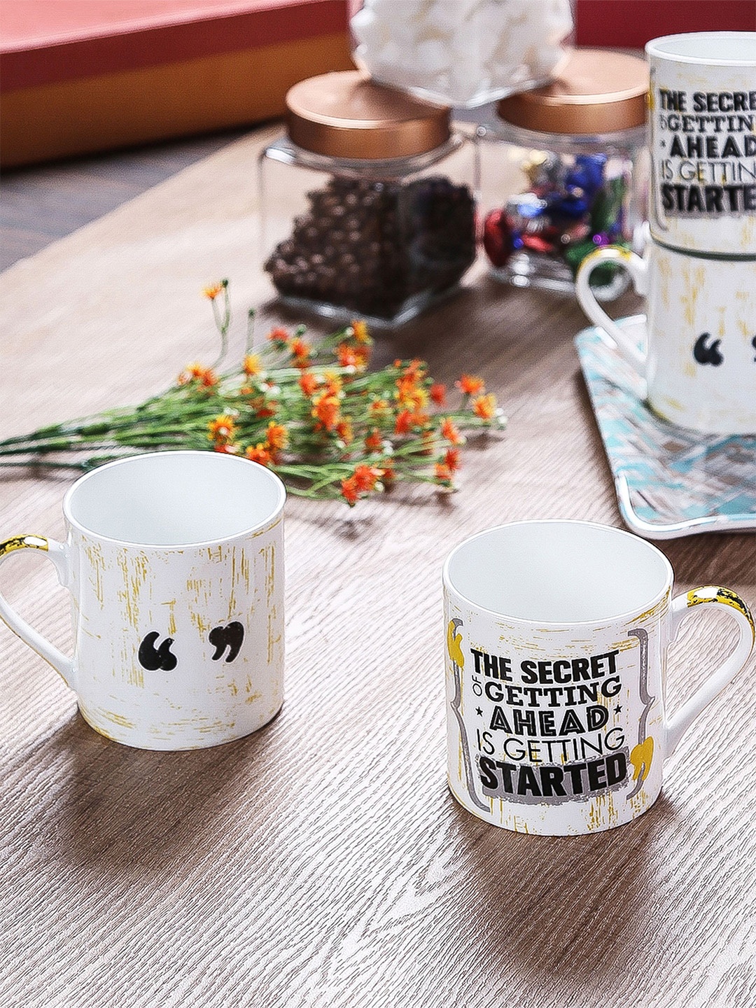 

GOODHOMES White & Black 2 Pieces Printed Bone China Glossy Mugs 360 ml