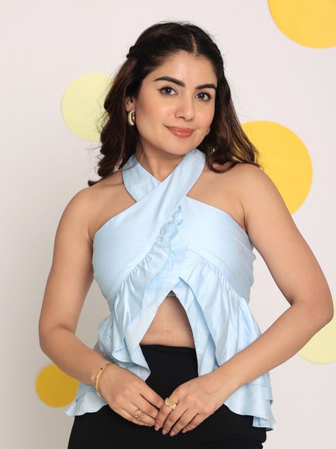 

KAORI BY SHREYA AGARWAL Women Solid Halter Neck Cotton Top, Blue