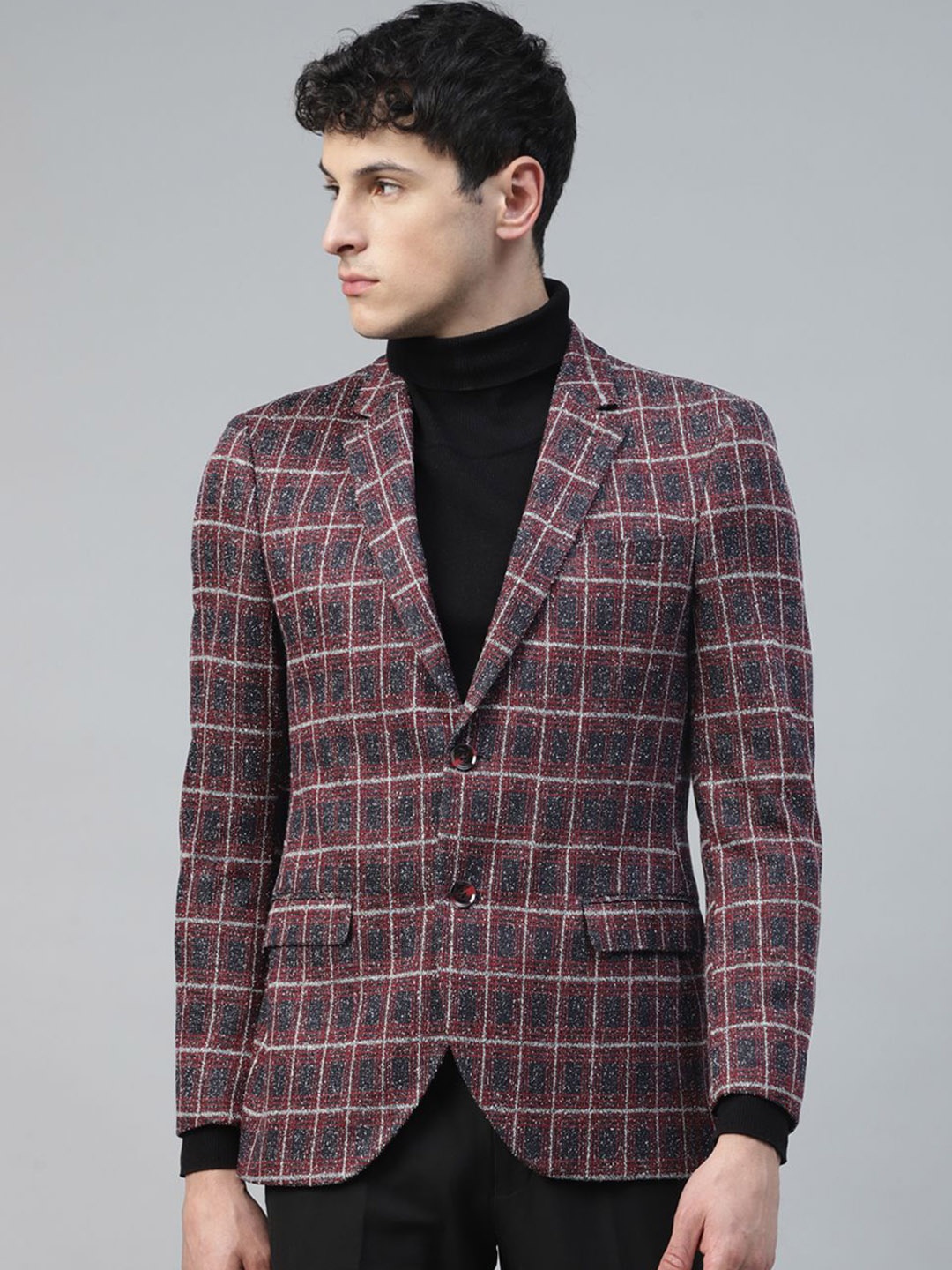 

Givo Tailored Fit Checked Single-Breasted Cotton Casual Blazer, Red