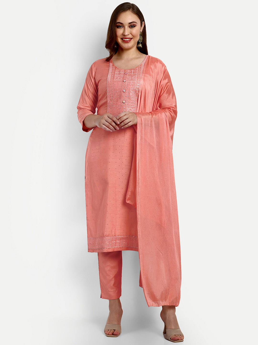 

V B SONS Geometric Embroidered Beads and Stones Straight Kurta & Trousers With Dupatta, Peach