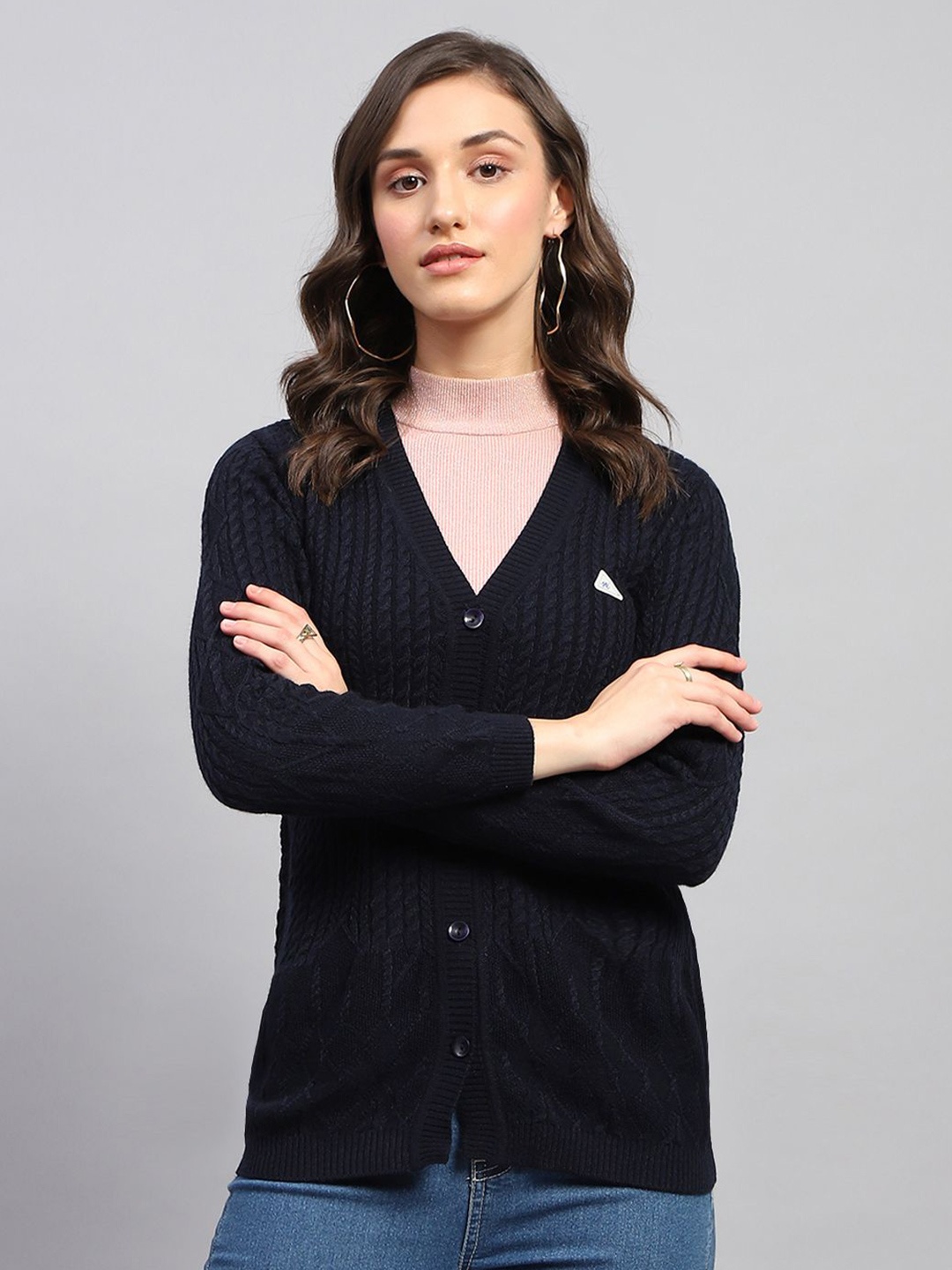 

Monte Carlo Women Cable Knit Woollen Cardigan, Navy blue