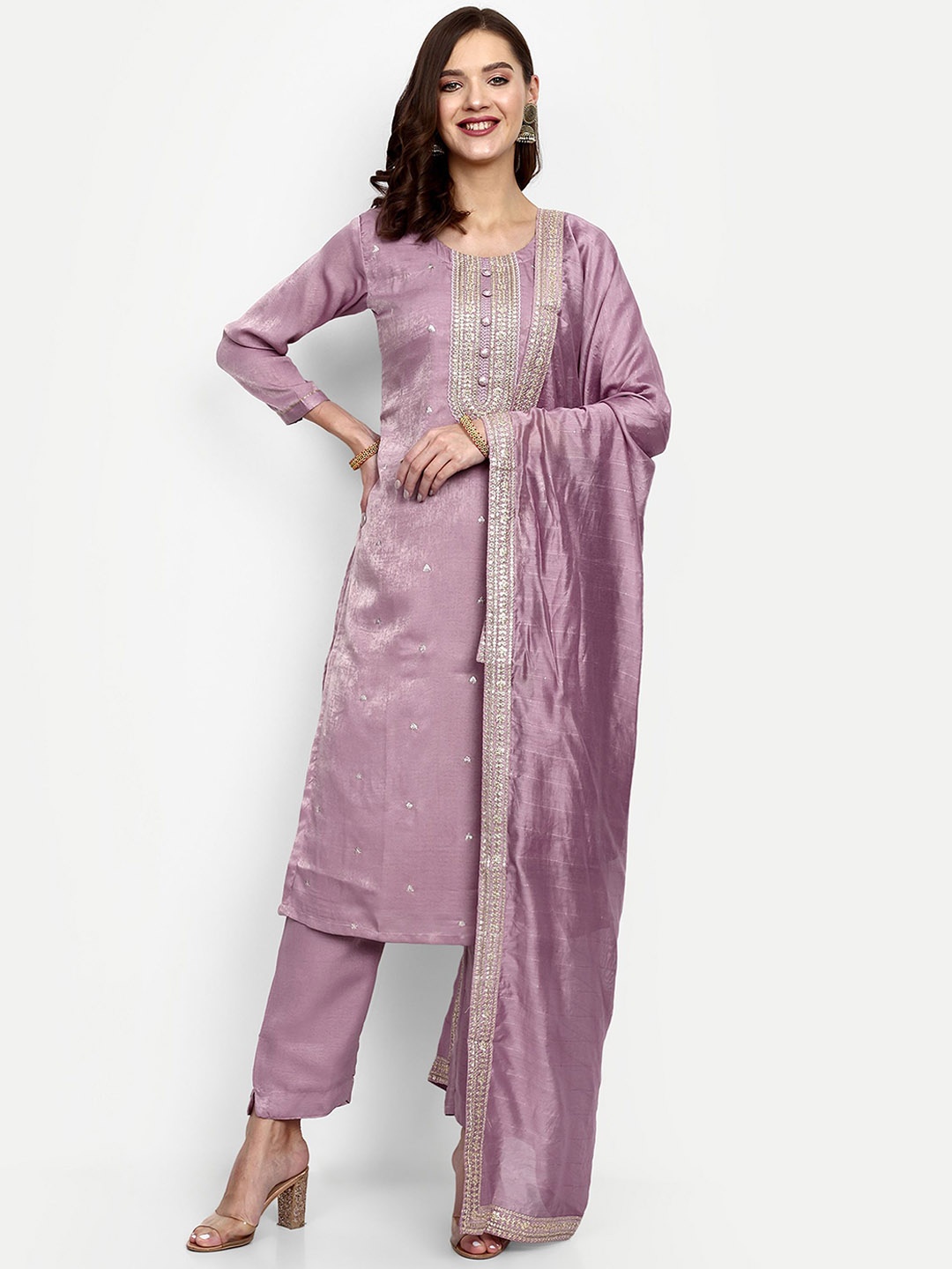 

V B SONS Women Ethnic Motifs Embroidered Regular Sequinned Kurta with Trousers & With Dupatta, Lavender