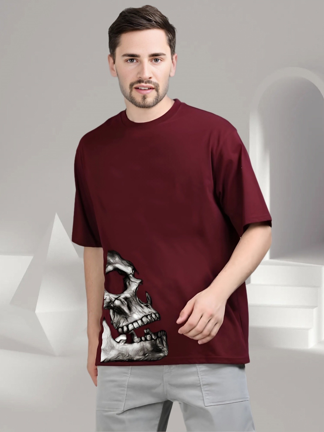 

Elibolz Men Graphic Printed Round Neck Cotton Oversized T-shirt, Maroon