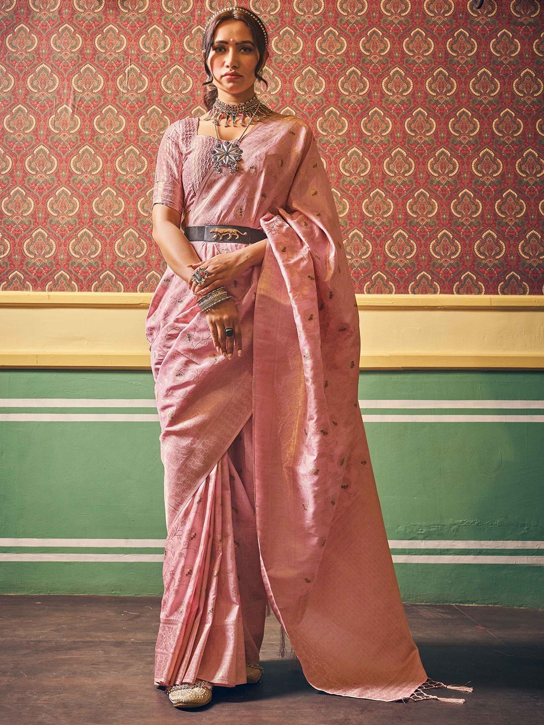 

Krimmple Woven Design Saree With Zari Border, Pink