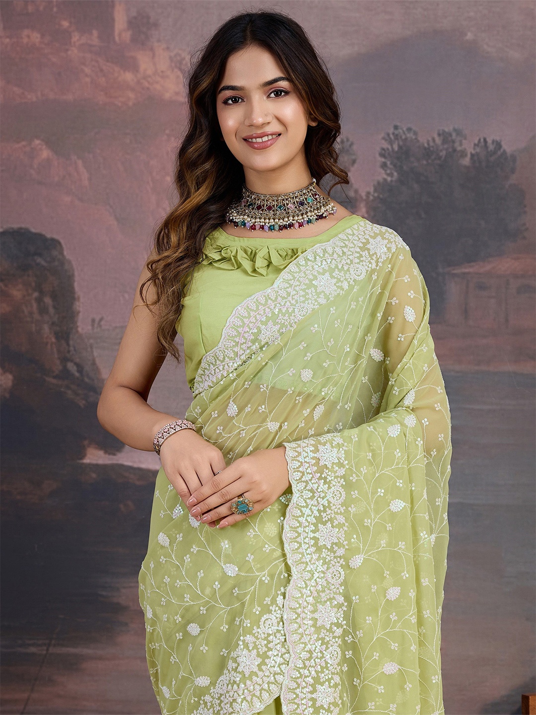

House of Pataudi Embroidered Embellished Sarees, Lime green