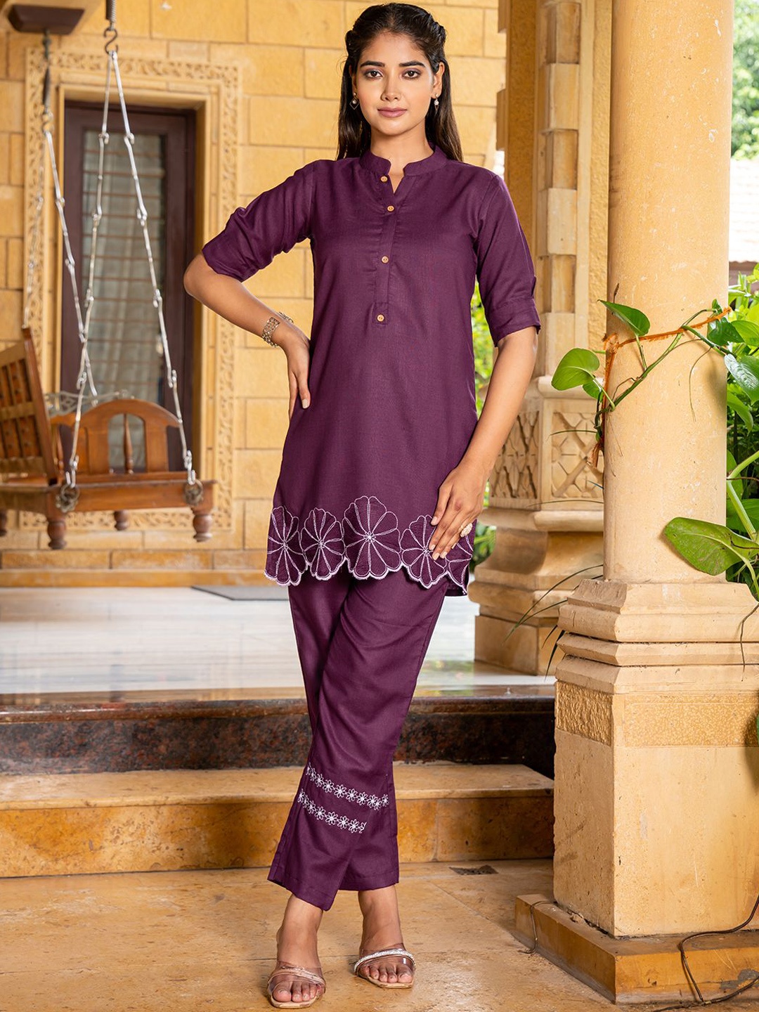 

MISS VERVE Embroidered Tunic & Trousers, Burgundy