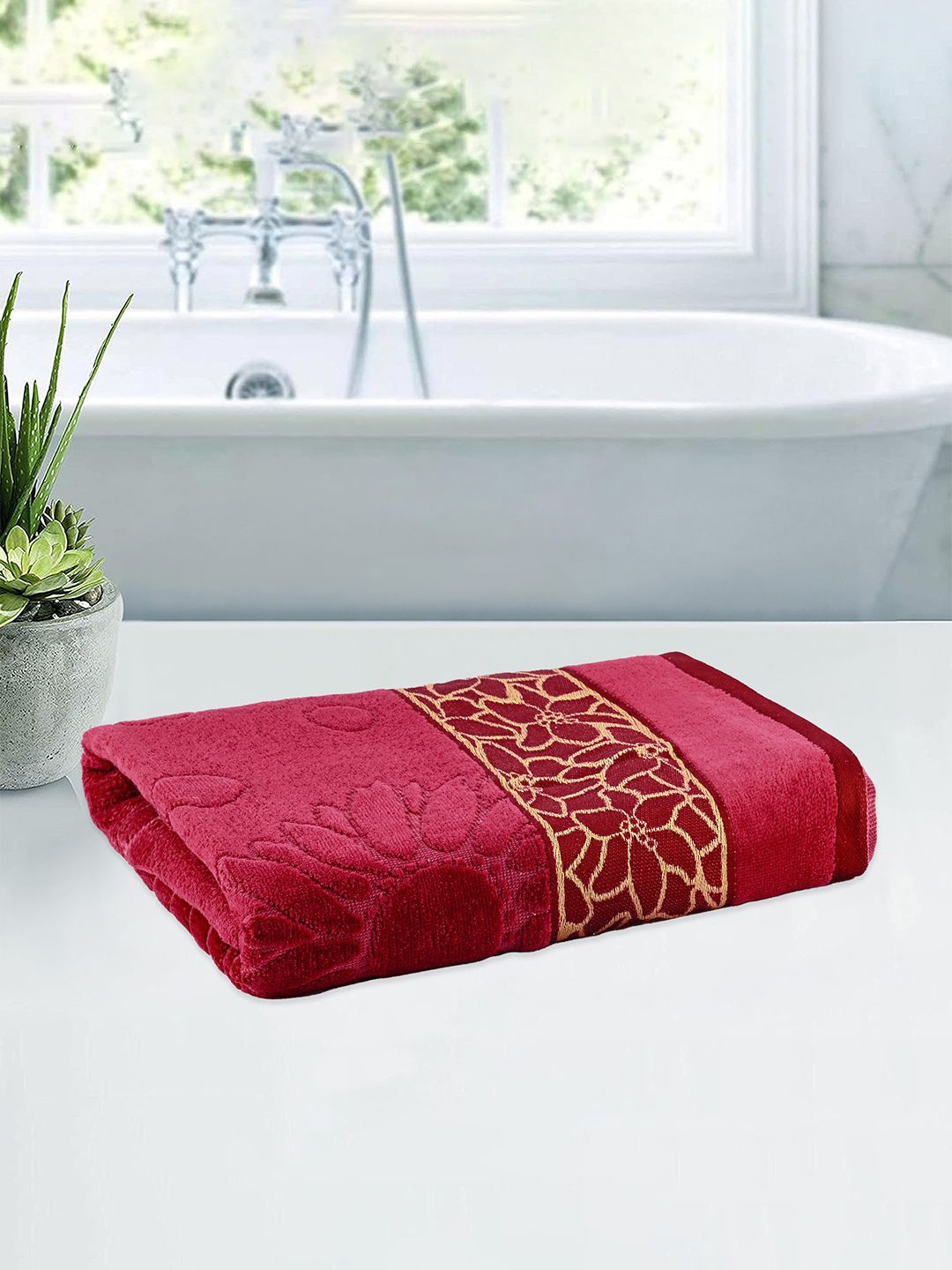 

Kuber Industries Maroon & Yellow Printed Cotton 450 GSM Bath Towel