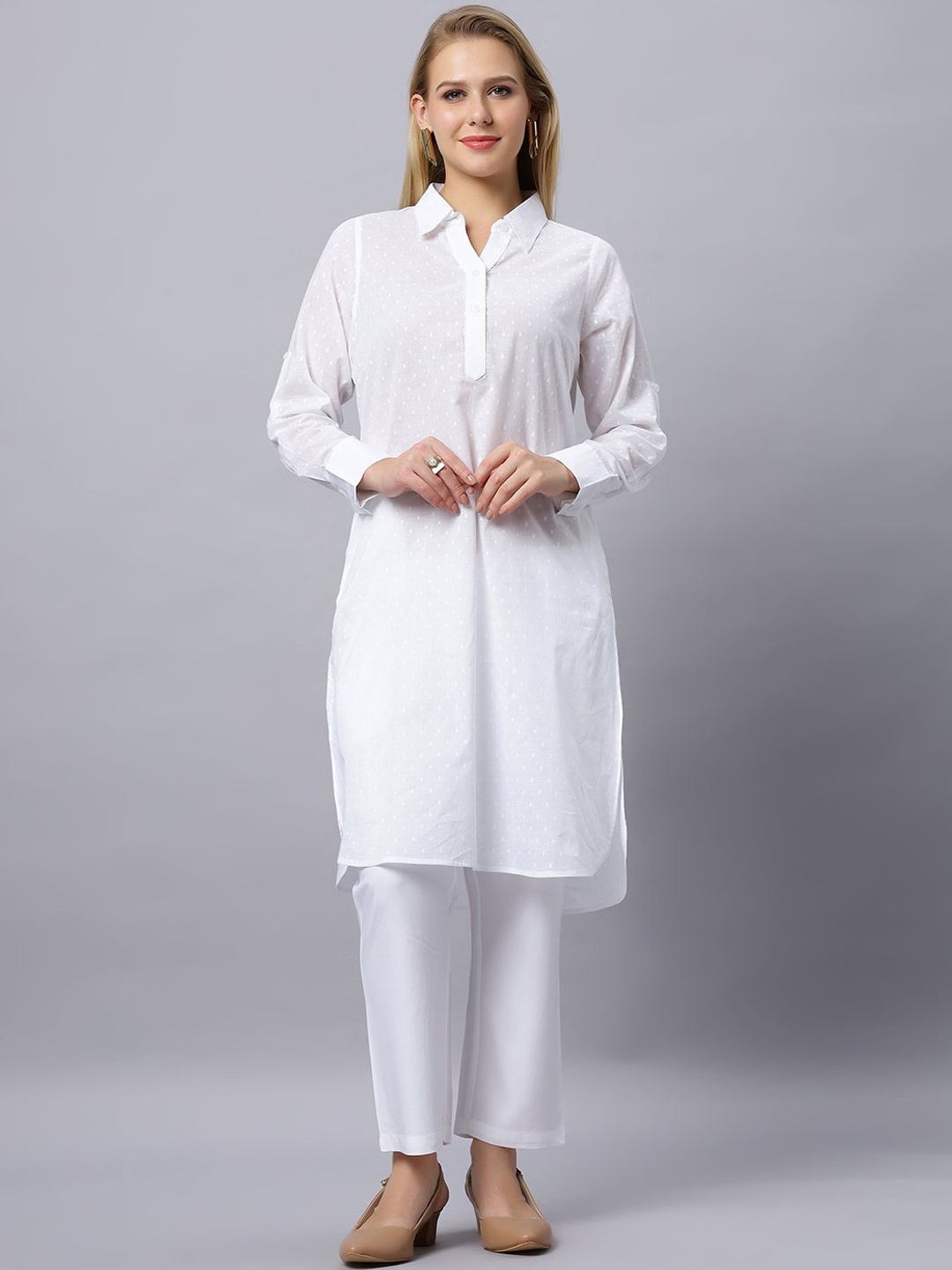 

Autumn Hues Woven Design Shirt Collar Pure Cotton A-Line Kurta with Trousers, White