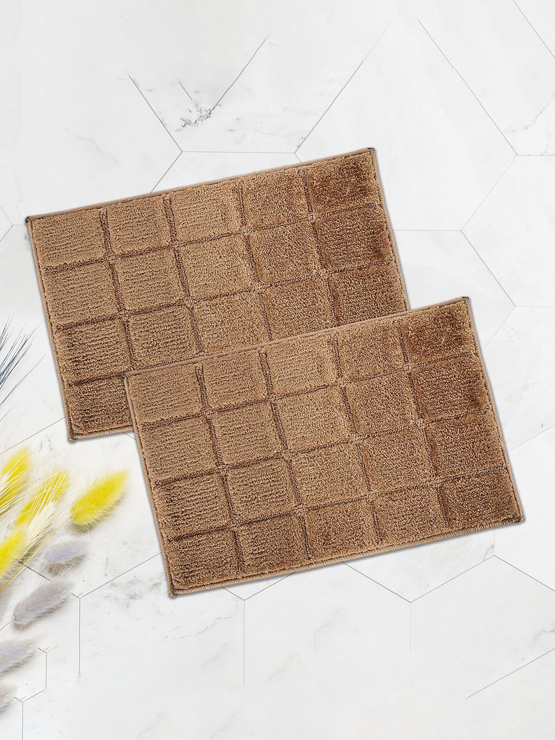 

Kuber Industries Brown 2 Pieces Checked Anti Skid Door Mat