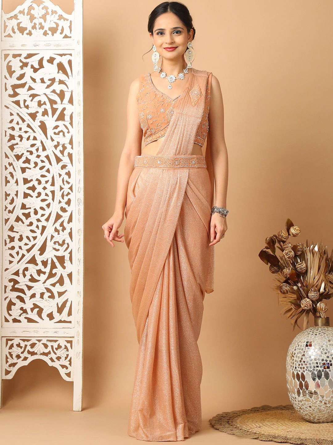 

Mitera Solid Embellished Embroidered Ready to Wear Leheriya Saree, Peach