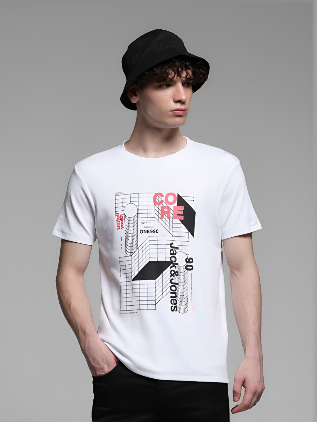

Jack & Jones Men Graphic Printed Round Neck Cotton T-shirt, White