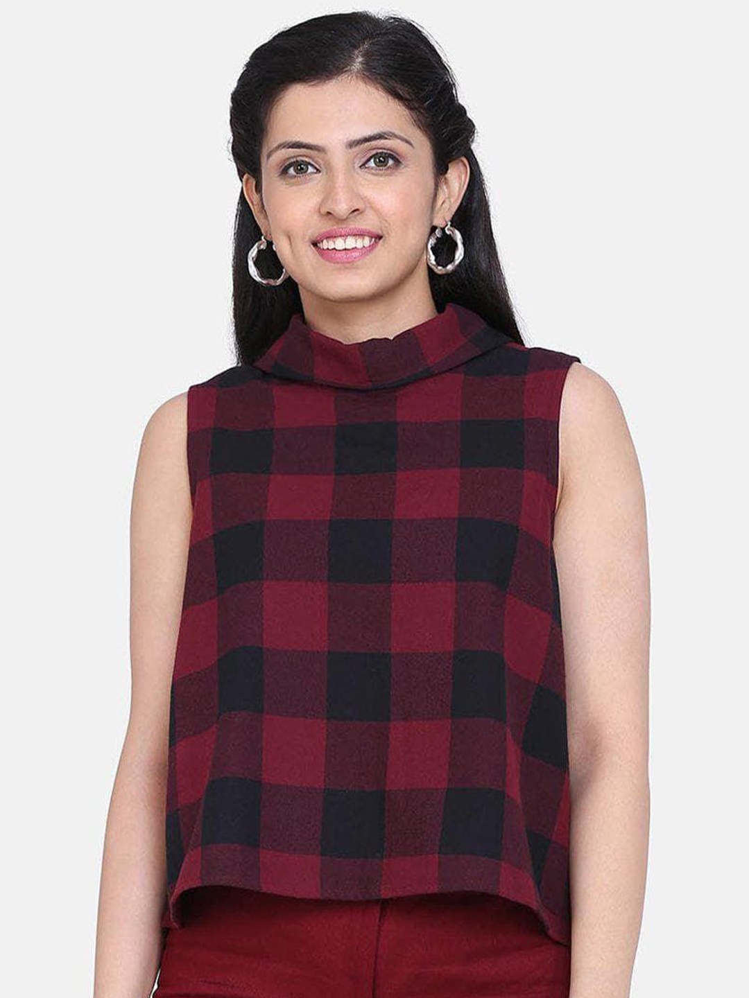 

PowerSutra Women Checked High Neck Cotton Top, Red