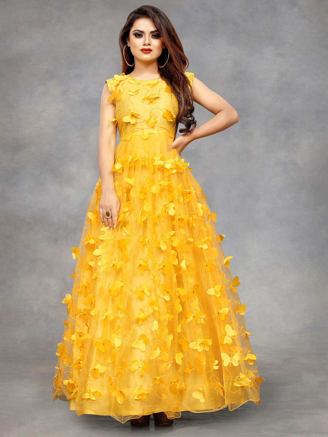 

LADY SHOPI Embroidered Net Fit & Flare Maxi Dress, Yellow