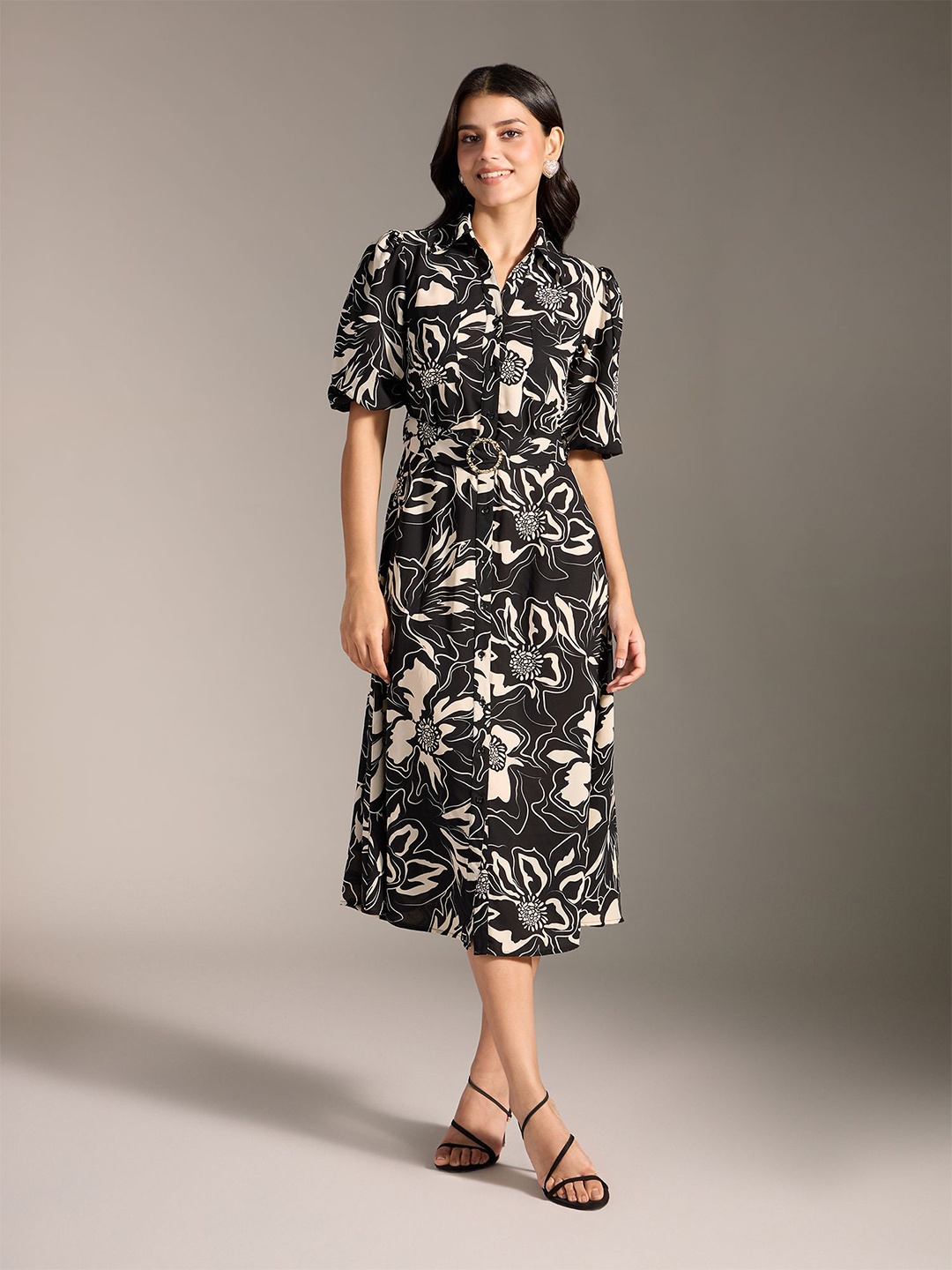 

20Dresses Floral Printed Puff Sleeve A-Line Midi Dress, Black