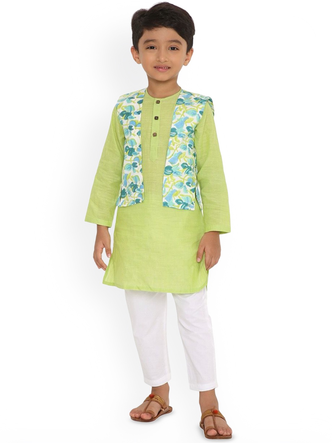 

Miko Lolo Boys Regular Pure Cotton Straight Kurta with Pyjamas & Jacket, Green