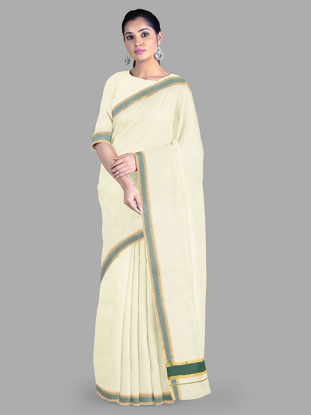 

The Chennai Silks Pure Cotton Kasavu Saree, Olive