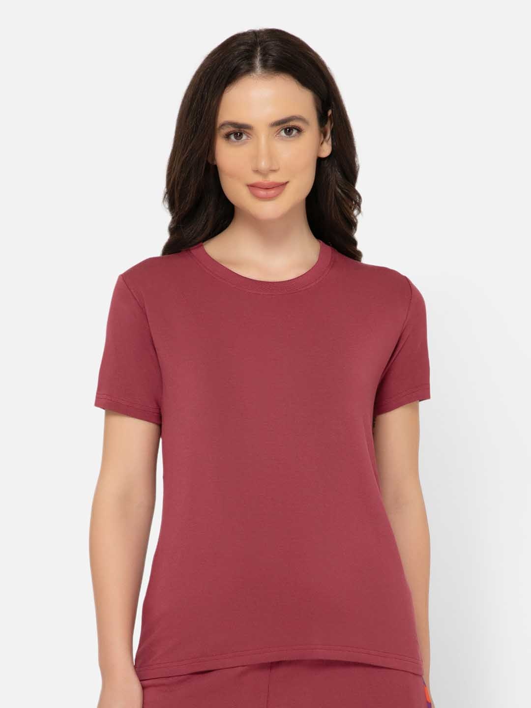 

bummer Women Antimicrobial Solid Round Neck Regular Fit T-shirt, Maroon