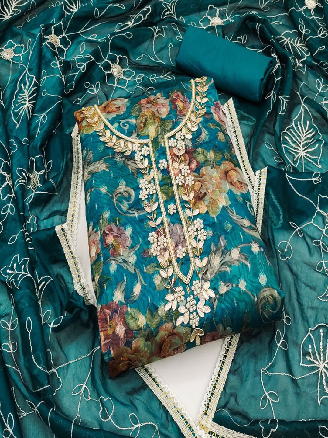 

ASISA Floral Embroidered Beads and Stones Organza Unstitched Dress Material, Teal