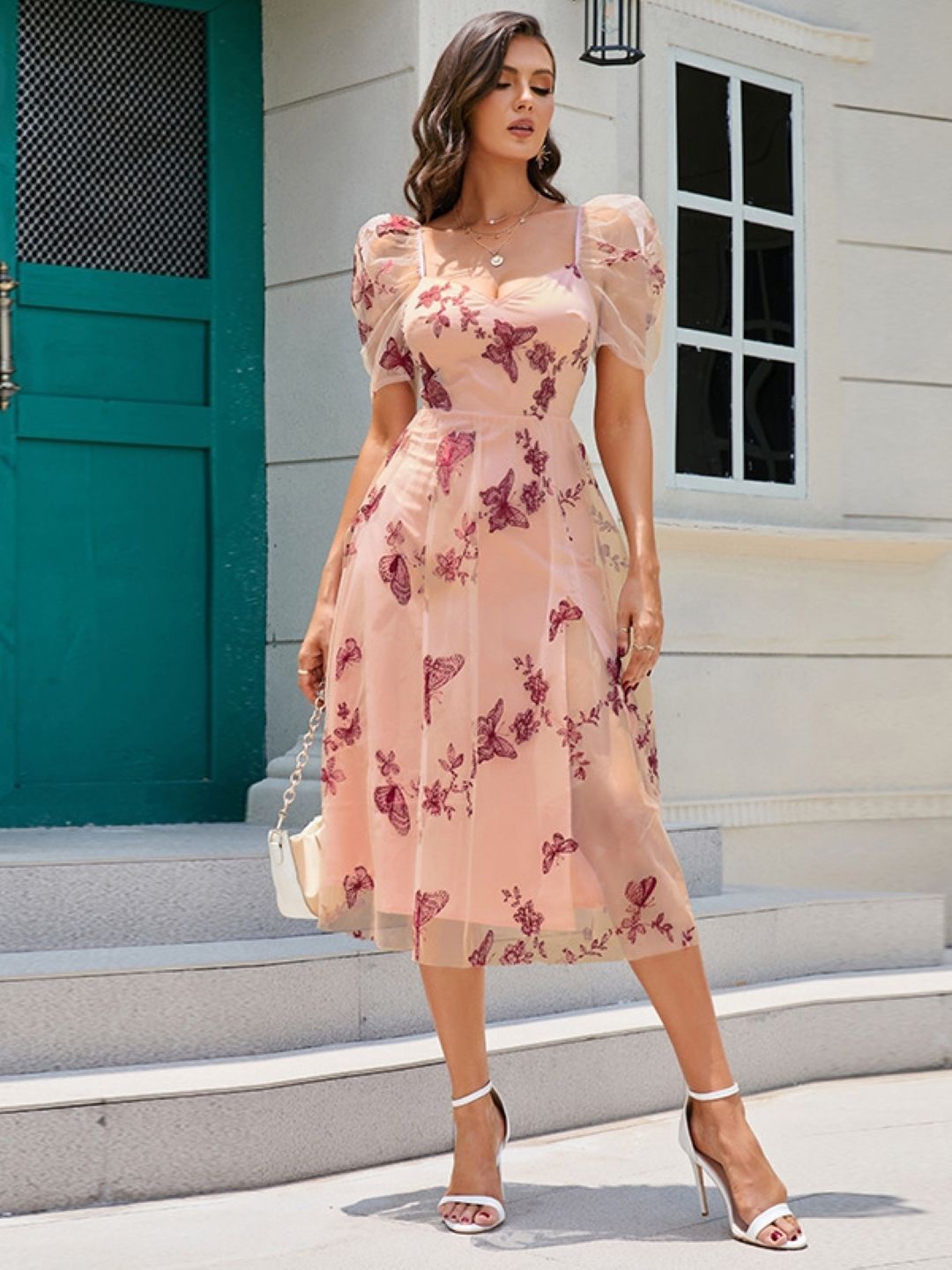 

KPOP Floral Printed Puff Sleeve V-Neck Fit And Flare Midi Dress, Peach