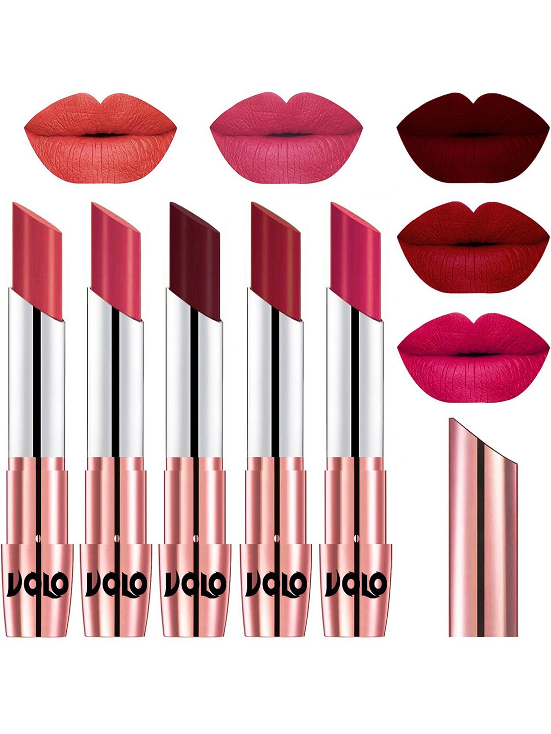 

VOLO Set Of 5 Creme Matte Lipsticks 3.5g-Peach 33-Pink 41-Maroon 42-Red 43-Passion Pink 44