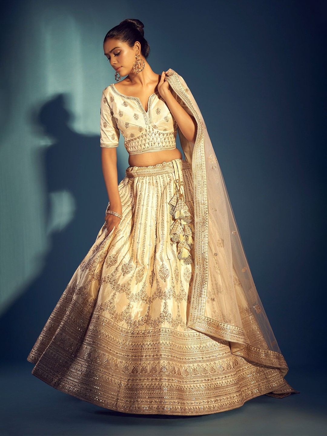 

JMS Studio Embroidered Silk Ready to Wear Lehenga & Unstitched Blouse With Dupatta, Off white