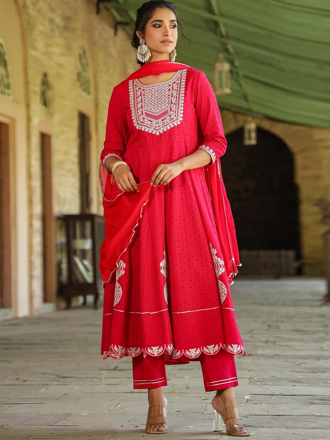 

SCAKHI Polka Dot Embroidered Sequinned Schiffli Anarkali Kurta with Trousers & Dupatta, Red