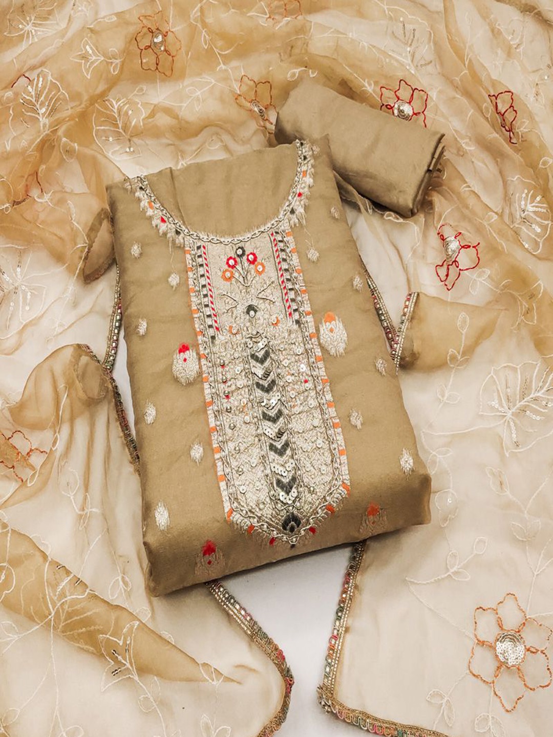 

ASISA Ethnic Motifs Woven Design Beads and Stones Organza Unstitched Dress Material, Beige