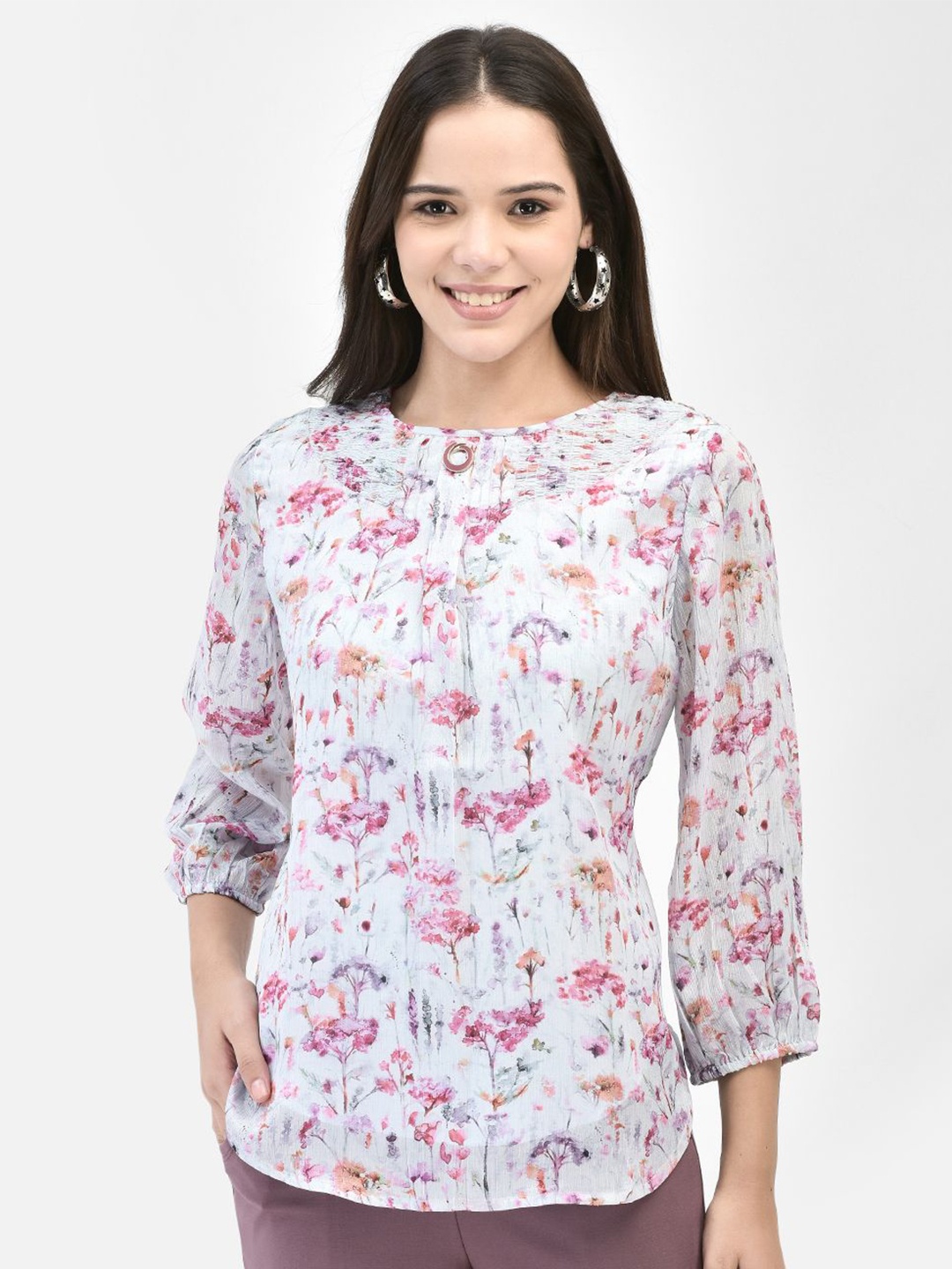 

FUTURO Women Floral Printed Round Neck Chiffon Top, Blue