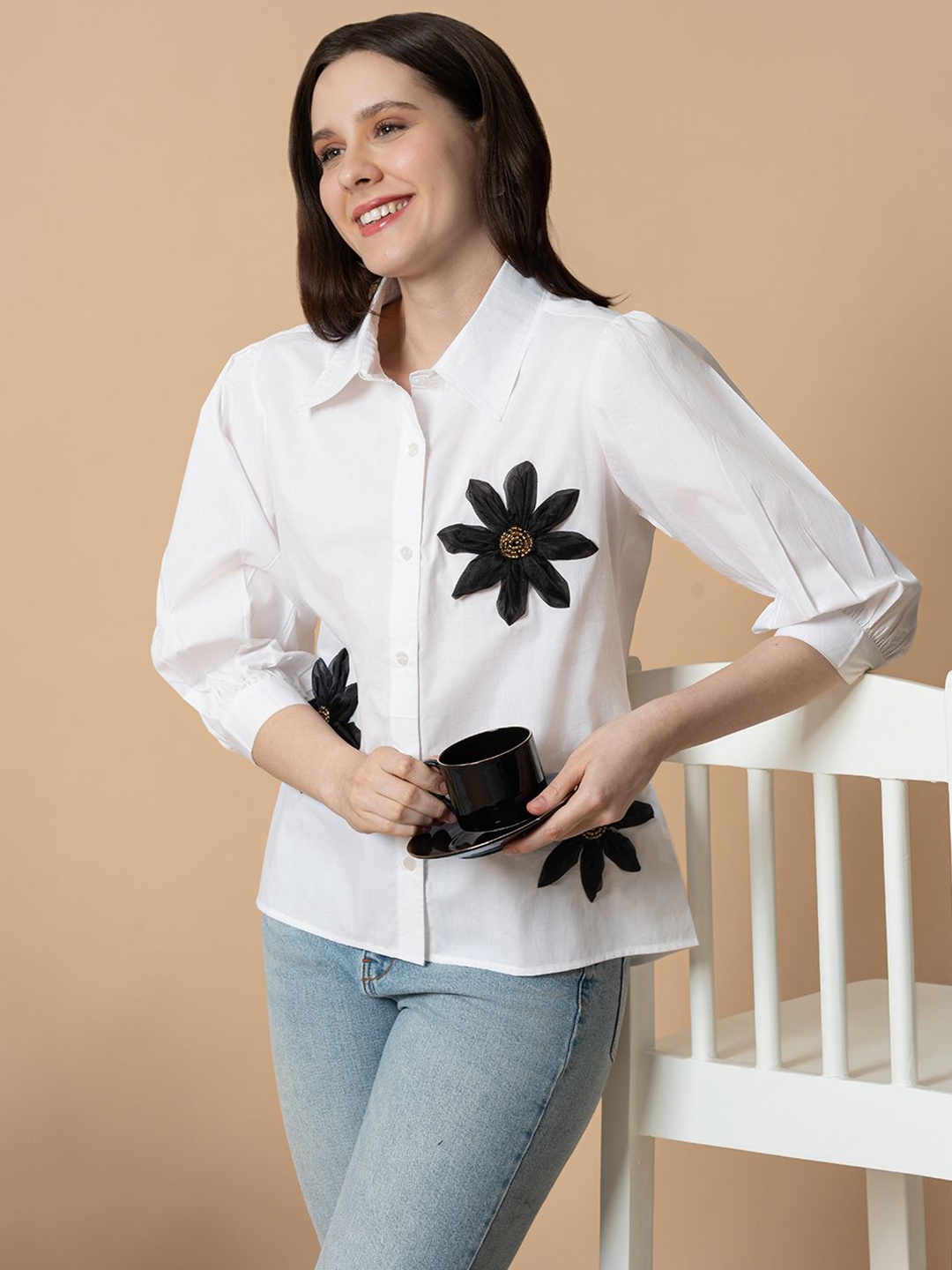 

BLANC9 Women Floral Applique Party Shirt, White