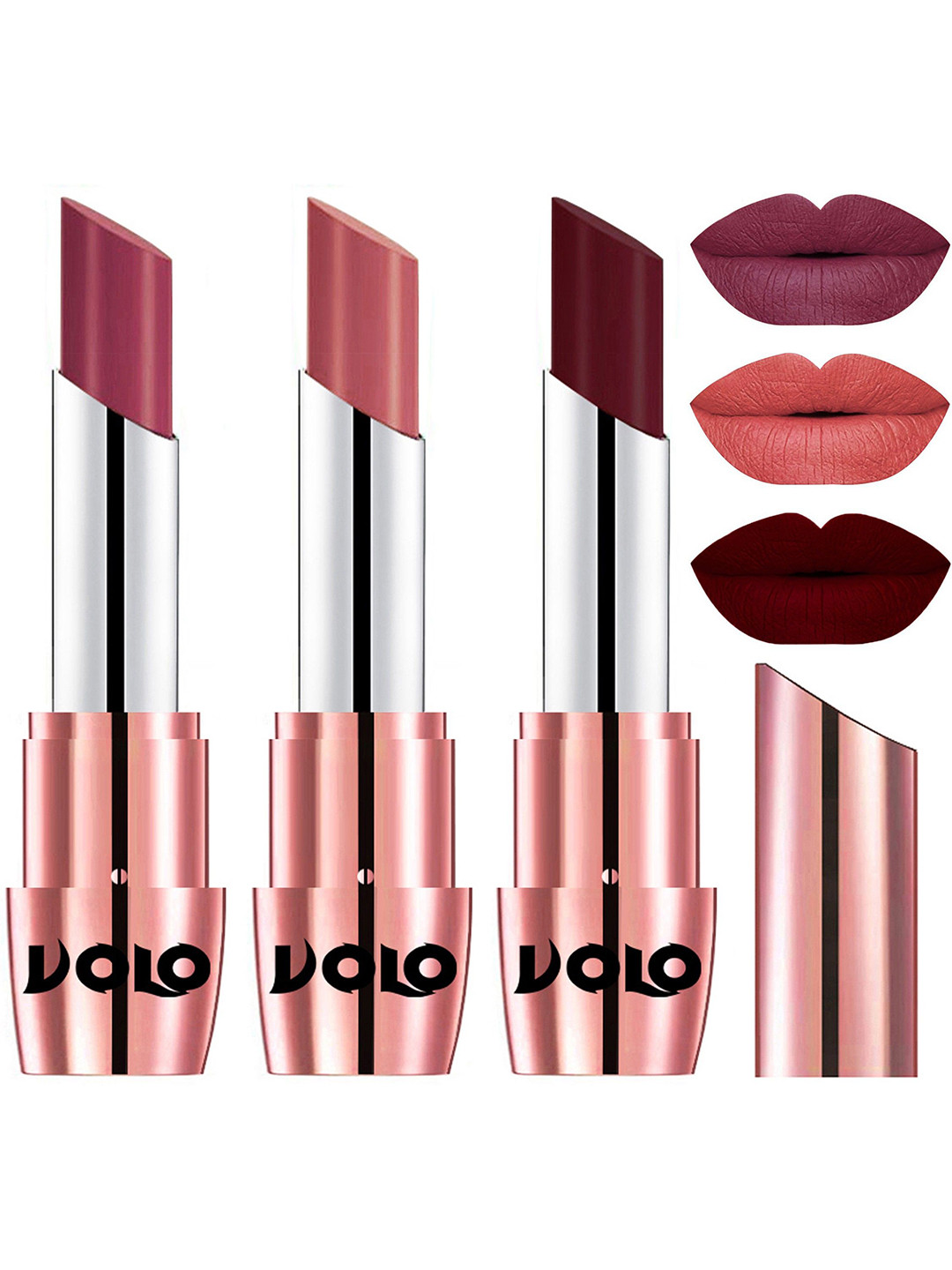 

VOLO Set Of 3 Creme Matte Lipstick- 3.5g- Cherry- Light Peach-Maroon-631-632-642, Brown