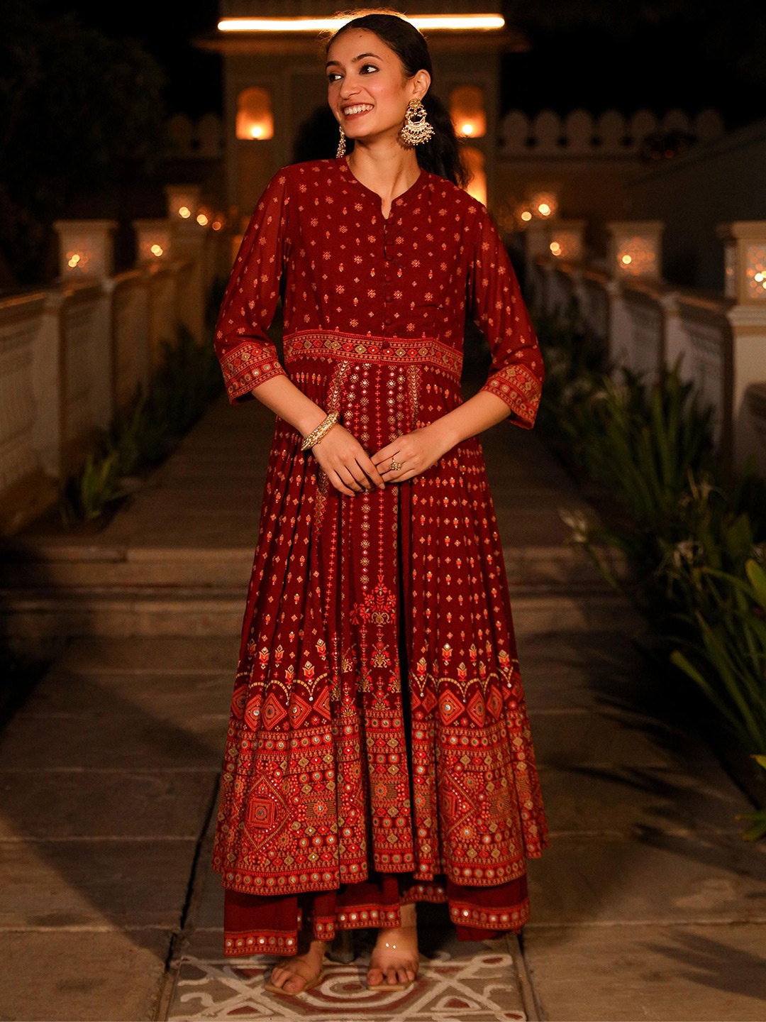 

Juniper Ethnic Motif Printed Georgette Thread & Mirror Work Ethnic Dress, Maroon