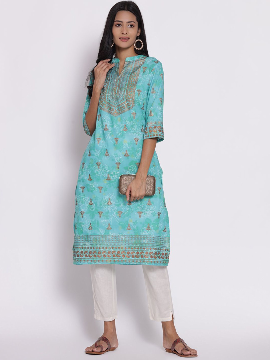 

Shree Floral Printed Mandarin Collar Liva Straight Kurta, Turquoise blue