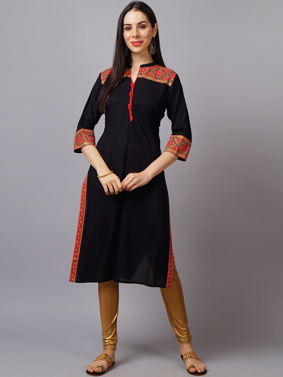 

Shree Geometric Yoke Design Mandarin Collar Thread Work Liva Straight Kurta, Black