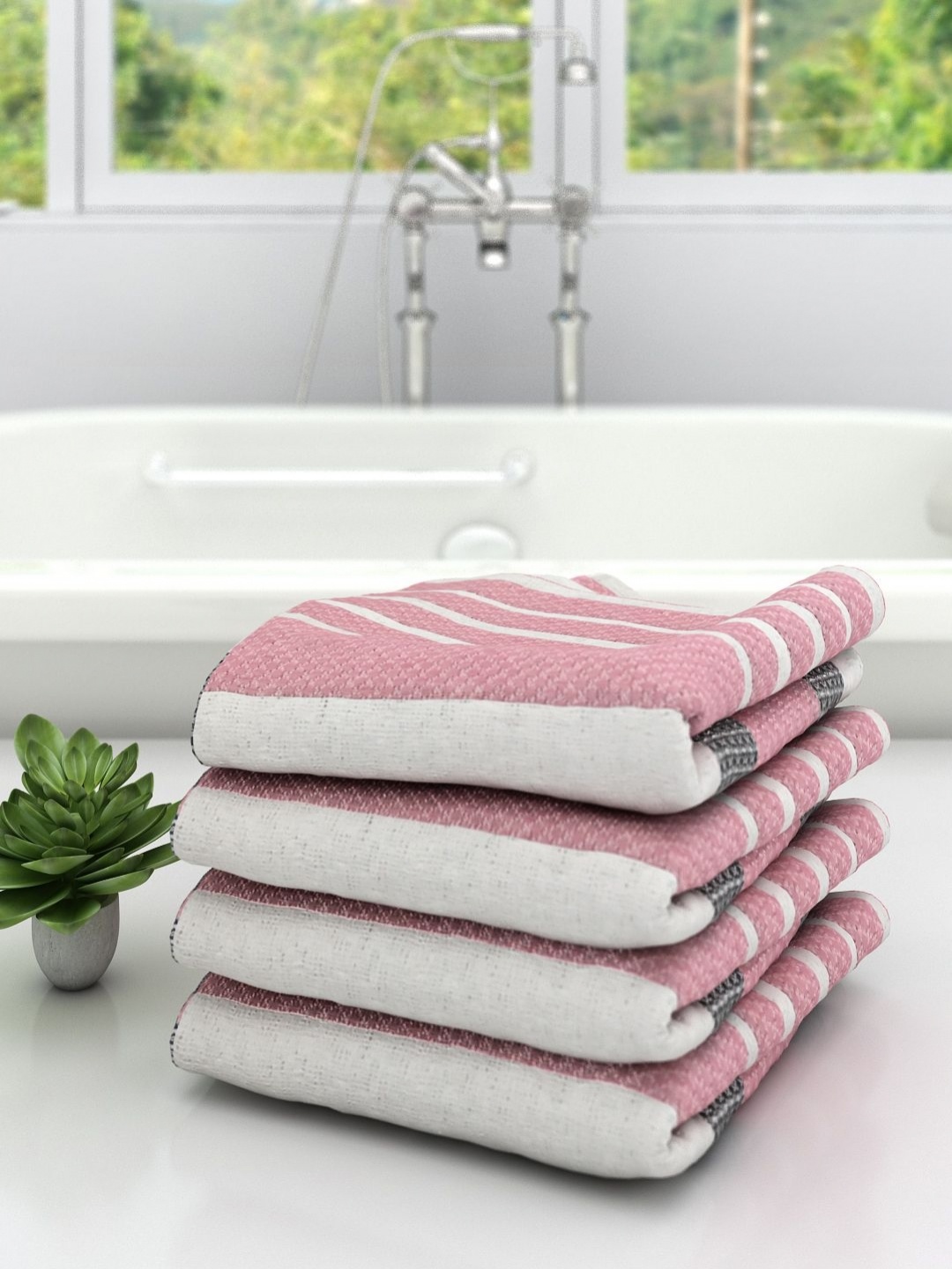

Aura White & Pink 4 Pieces Striped High Absorbent Cotton 210 GSM Bath Towels