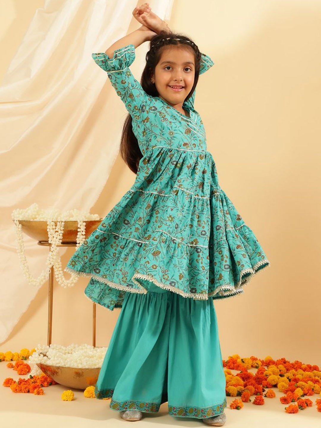 

BANDIA Girls Floral Printed Tiered Pure Cotton Anarkali Kurta with Sharara, Turquoise blue