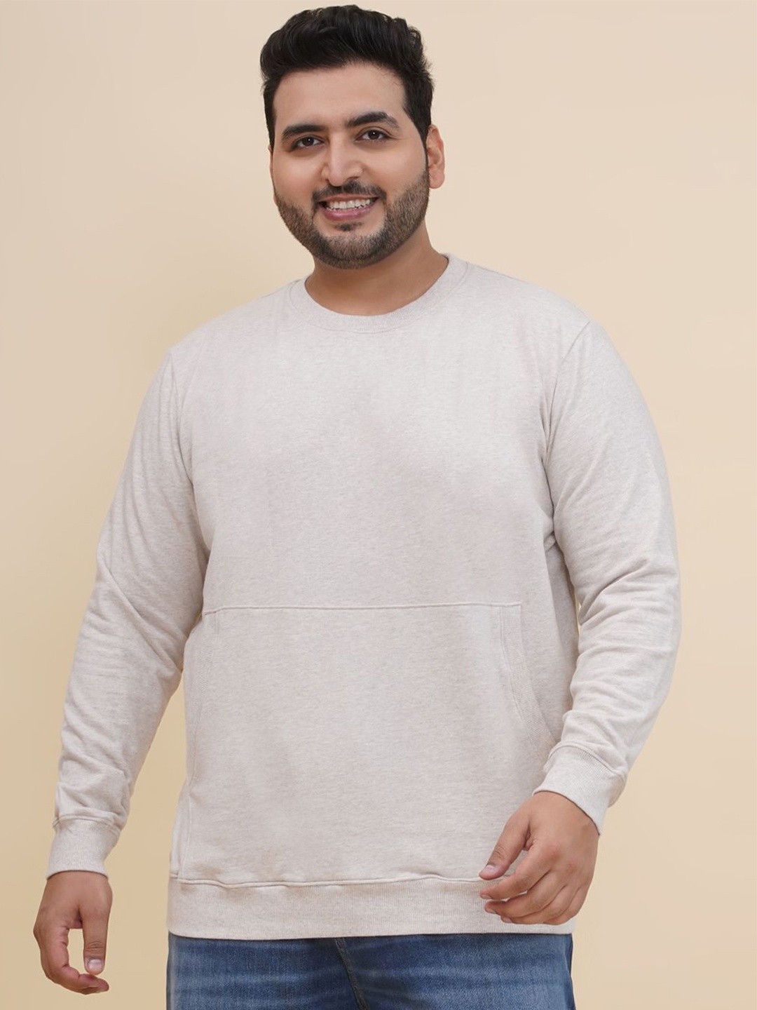 

John Pride Plus Size Men Solid Round Neck Plus Size Sweatshirt, Beige