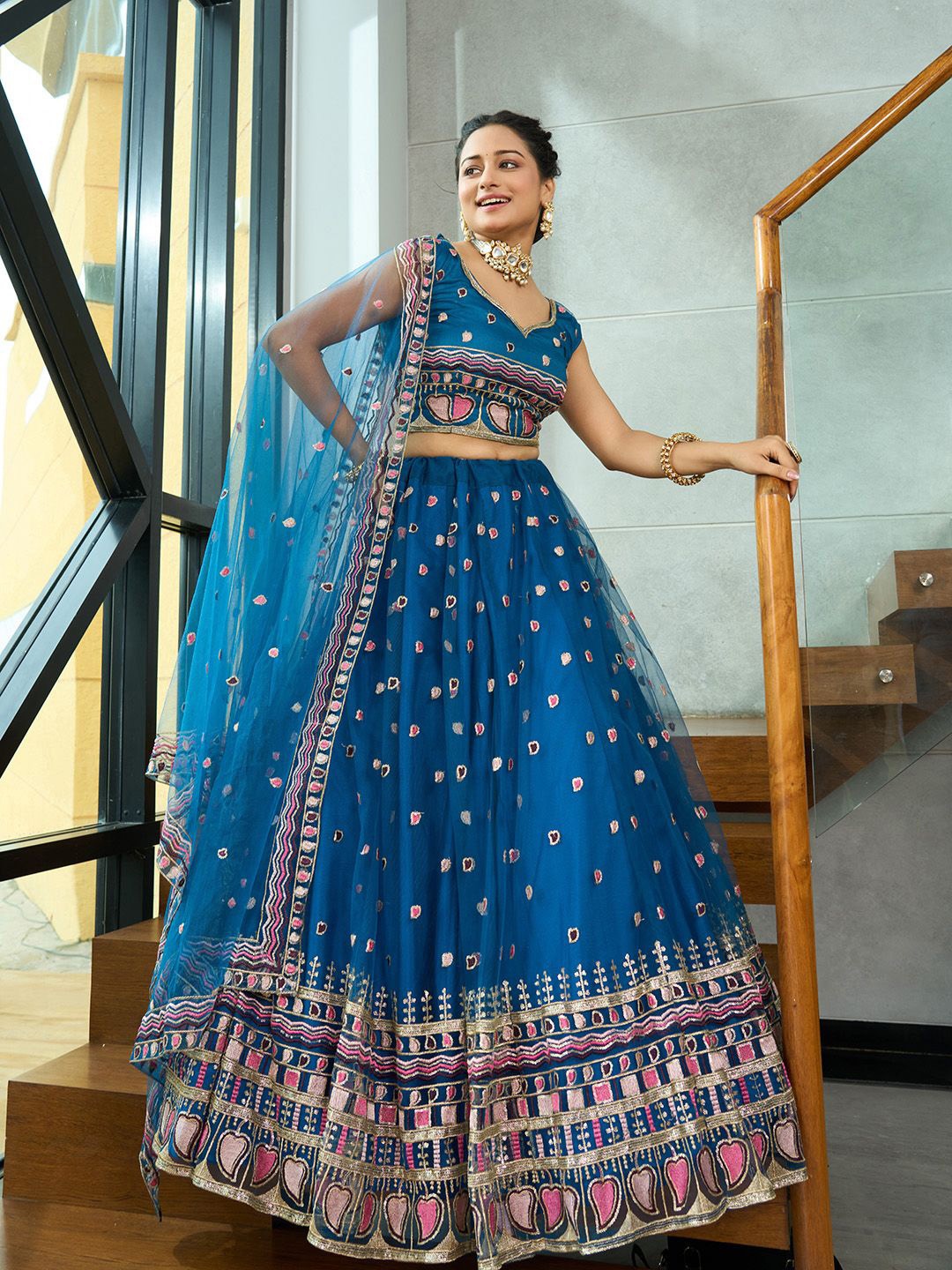 

KALINI Embroidered Thread Work Semi-Stitched Net Lehenga & Unstitched Blouse With Dupatta, Turquoise blue