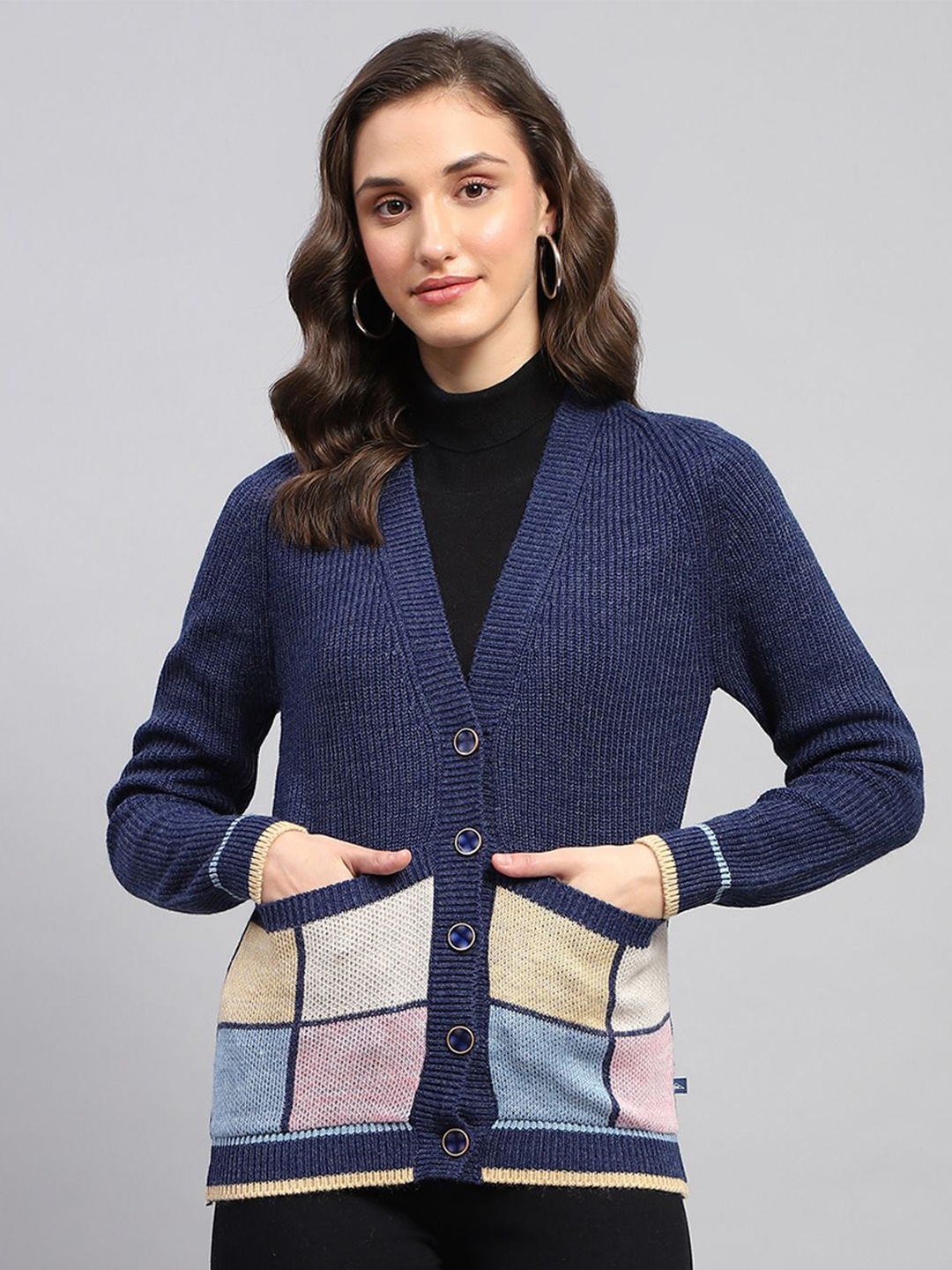 

Monte Carlo Women Ribbed Woollen Cardigan, Navy blue