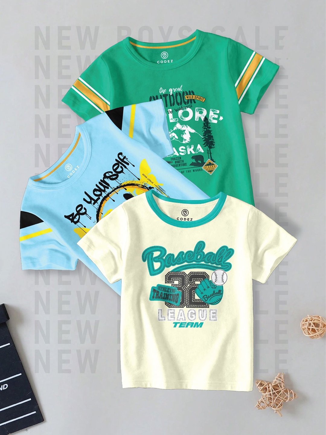

CODEZ Boys Pack Of 3 Typography Printed Round Neck Cotton T-shirts, Green