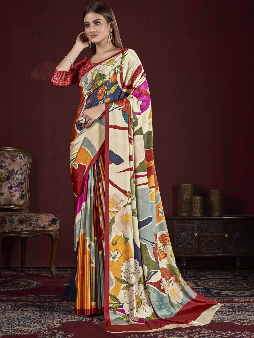 

JIVORA Floral Printed Saree, Beige