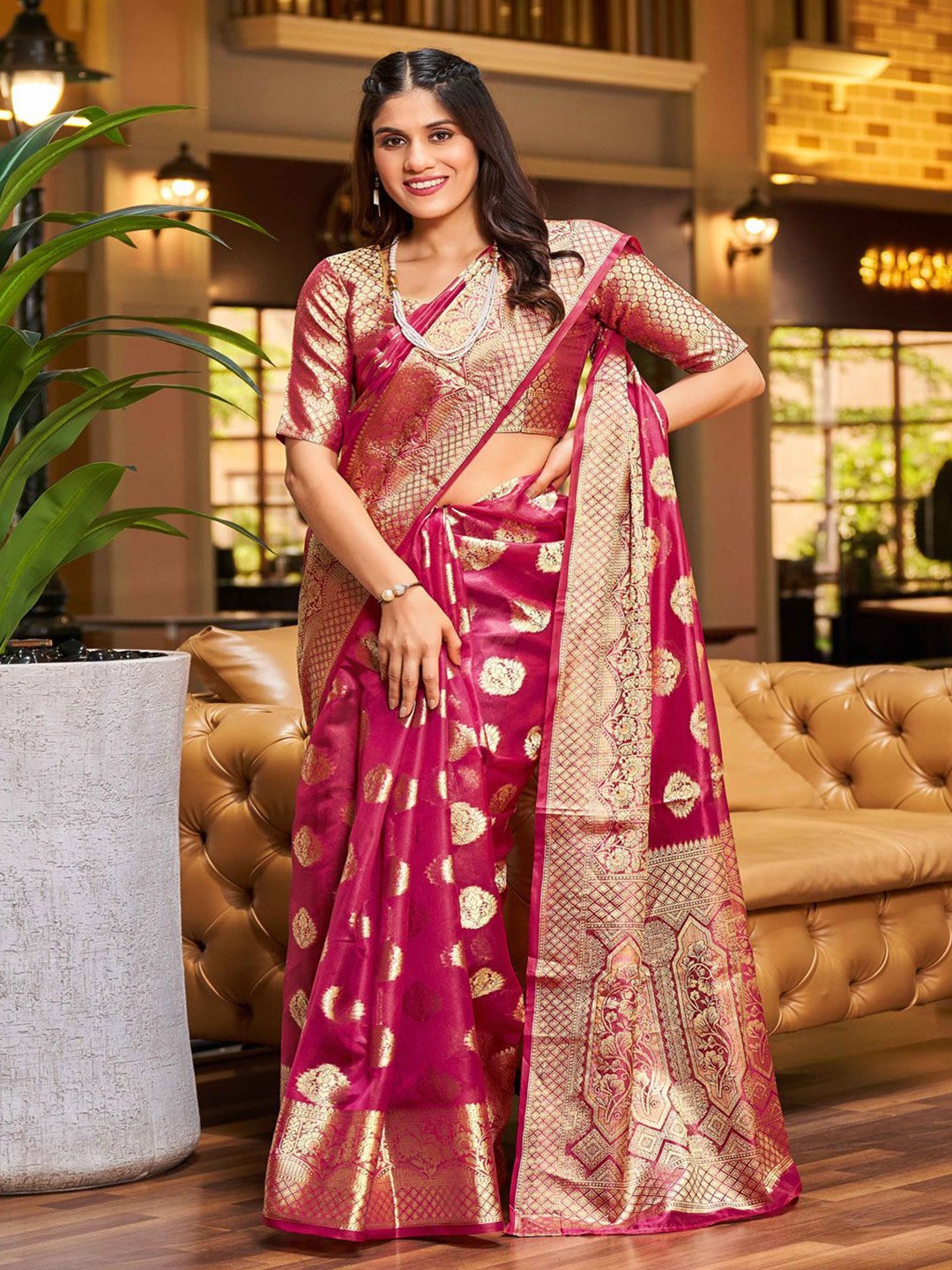 

Krimmple Woven Design Zari Organza Saree, Pink