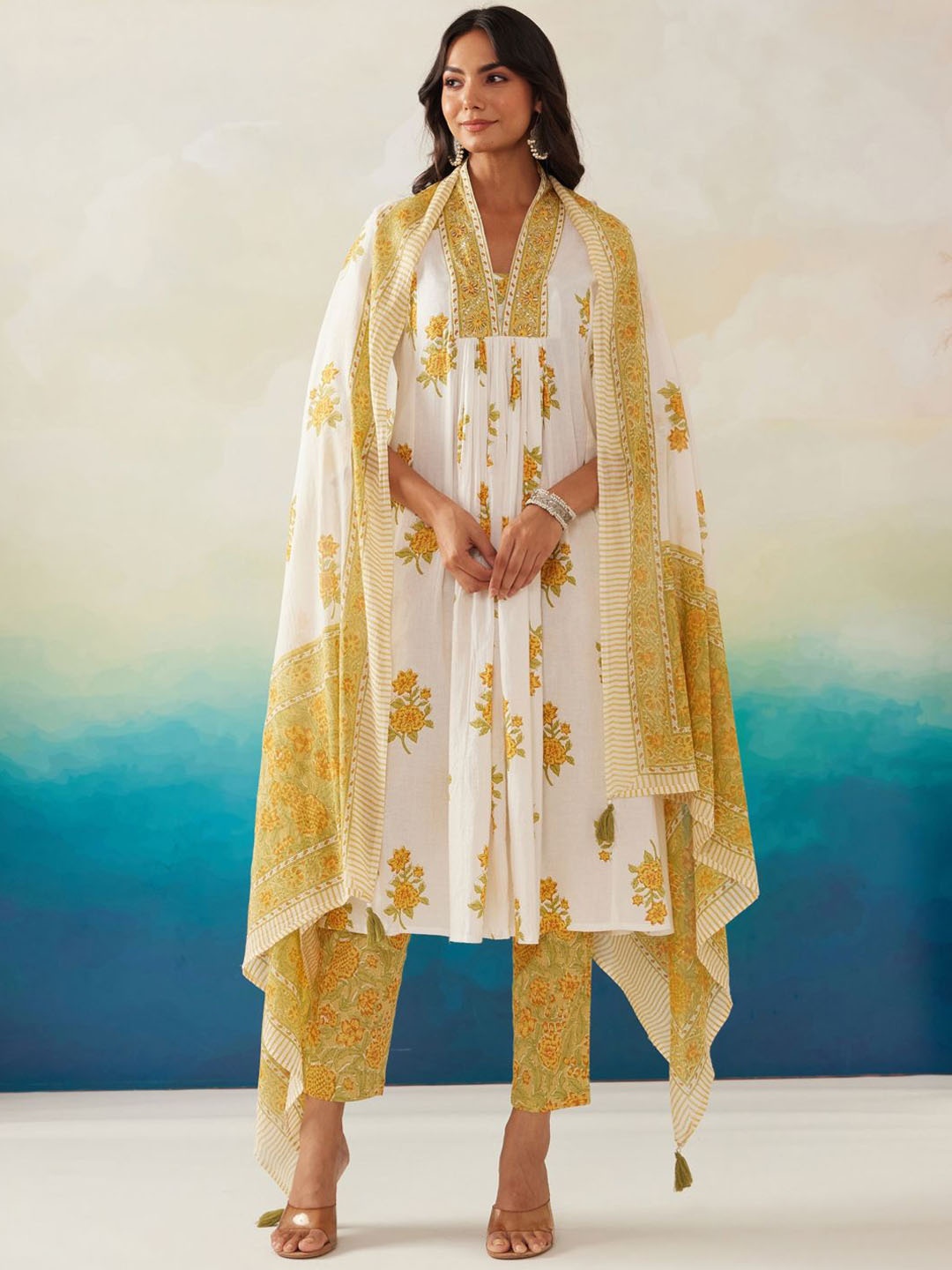 

Indo Era Floral Printed Pleated Beads and Stones Pure Cotton Kurta With Trousers & Dupatta, White