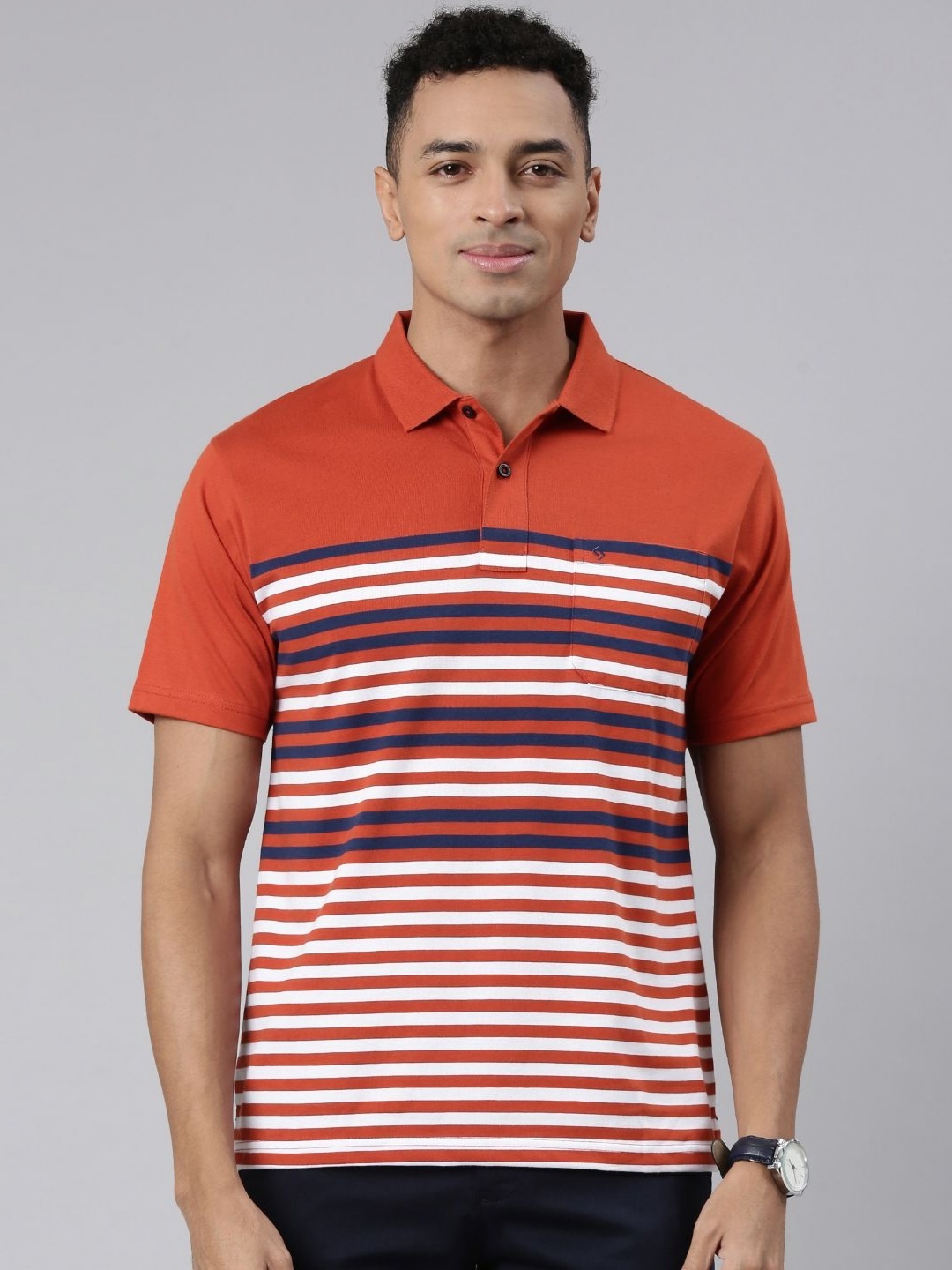 

Classic Polo Men Striped Polo Collar Cotton T-shirt, Rust