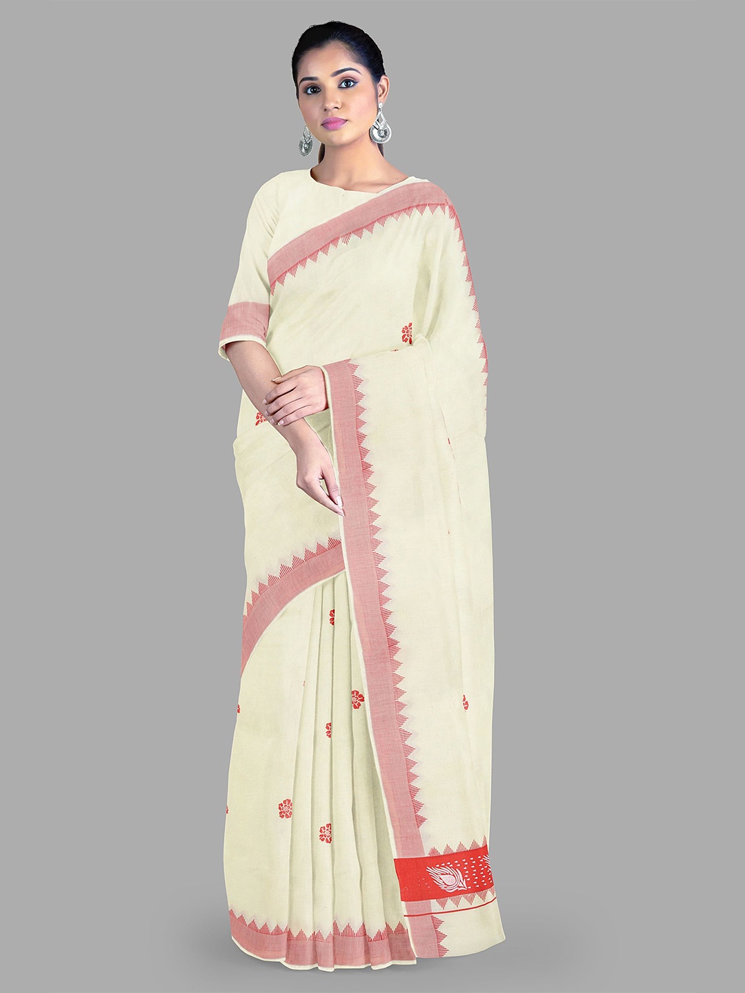 

The Chennai Silks Floral Printed Pure Cotton Kasavu Saree, Off white